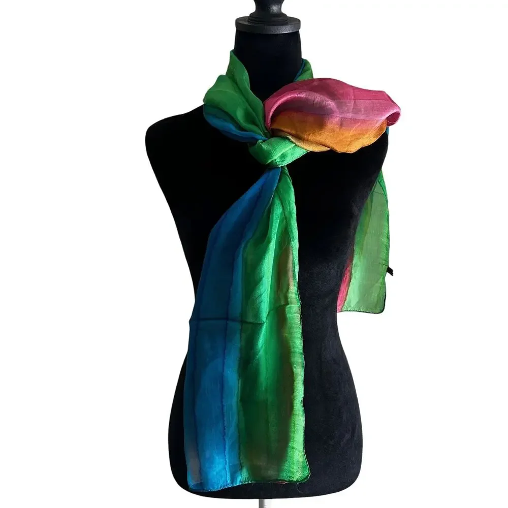 Colorful Silk Scarf Wrap Rainbow Striped Shawl Rectangular Lightweight Womens OS